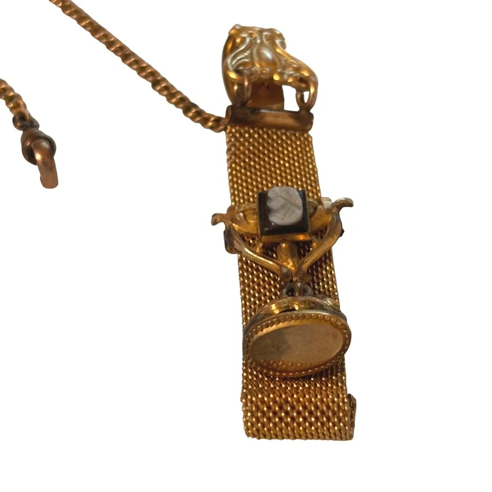 Antique Victorian CAMEO Gold FILLED Mesh Watch Fob Hardstone Spinner Seal Clasp